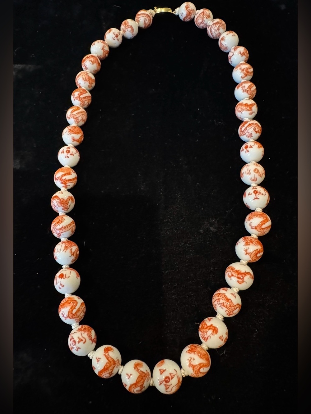 Vintage Chinese Red & White Hand-Knotted Porcelain Beaded Dragon Necklace